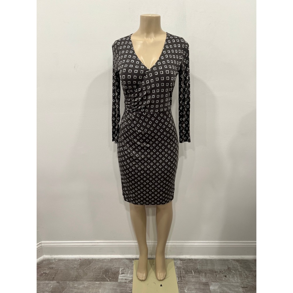LOFT Faux Wrap Sheath Dress Long Sleeve Geometric Womens Size XS Gray White